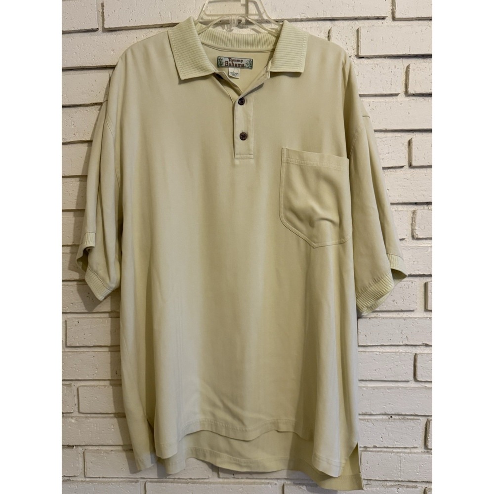 Tommy Bahama‎ Mens Large 100% Silk Yellow Ribbed Collar & Cuff -Short Sleeve